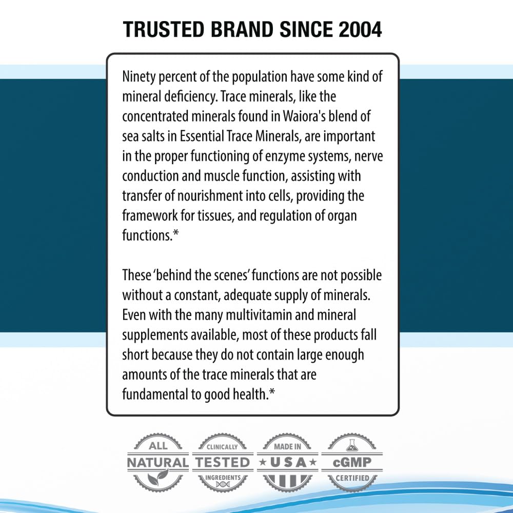 Waiora Essential Trace Minerals bottle features vegan and non-GMO quality.
