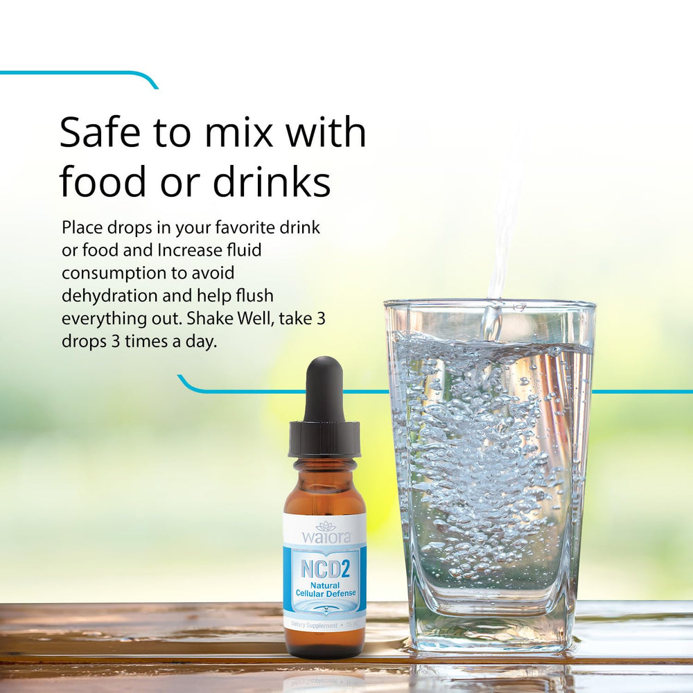 Waiora NCD2 digestive balance concept with bottle and glass.