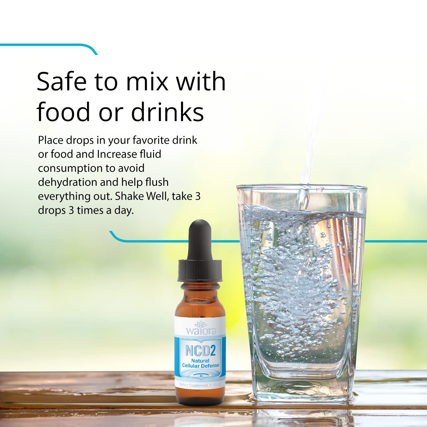 Dropper in use demonstrates simple daily liquid intake with Waiora NCD2.