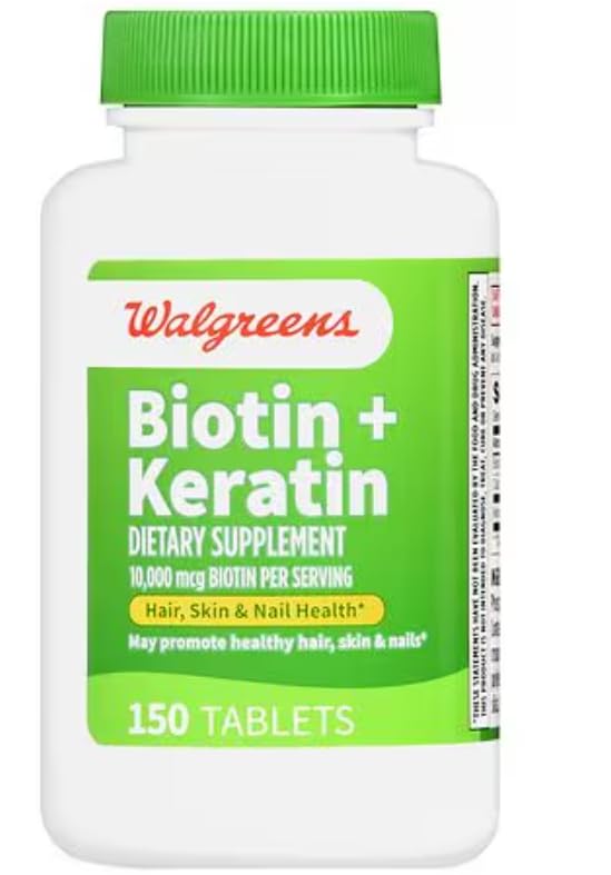 Walgreens Biotin + Keratin tablets being poured for easy daily use.