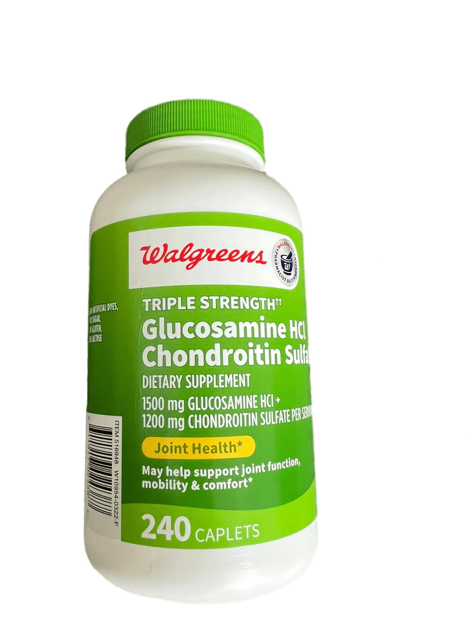 Close-up of Walgreens glucosamine chondroitin caplets for flexibility.