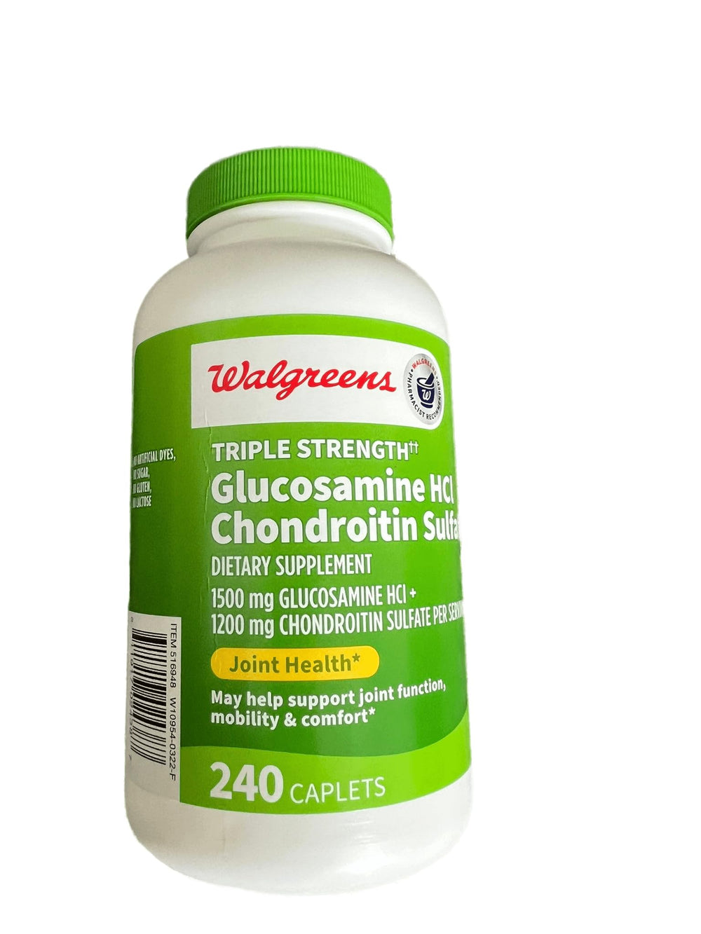 Close-up of Walgreens glucosamine chondroitin caplets for flexibility.