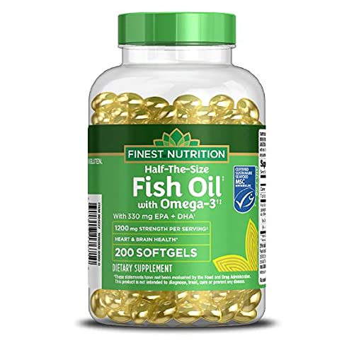 Walgreens Finest Nutrition half-size fish oil softgels bottle, convenient daily omega-3 source.
