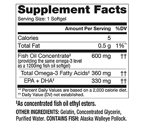 Label notes USA wild-caught Alaskan fish with 330 mg EPA and DHA per softgel.