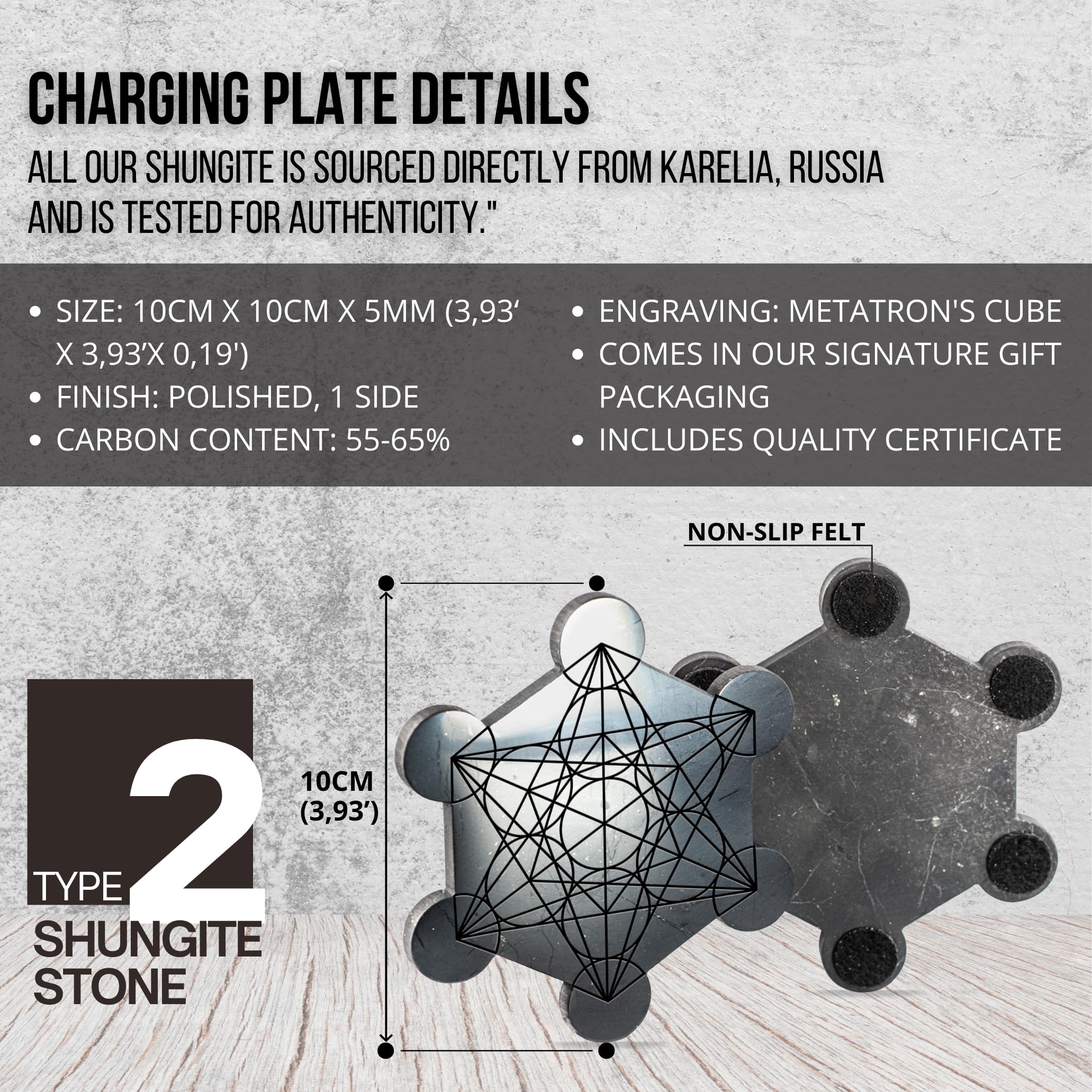 Wallystone Gems Shungite Metatron plate certificate included for authenticity