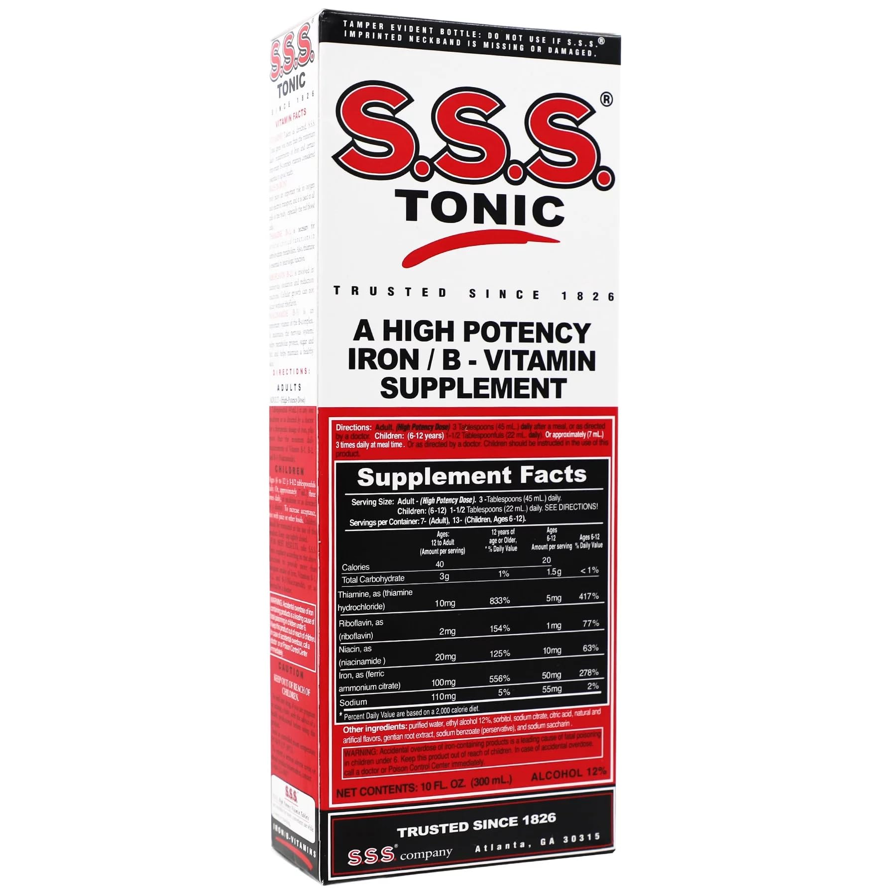 WANGHUI S.S.S. tonic label design highlighting iron and B vitamins.