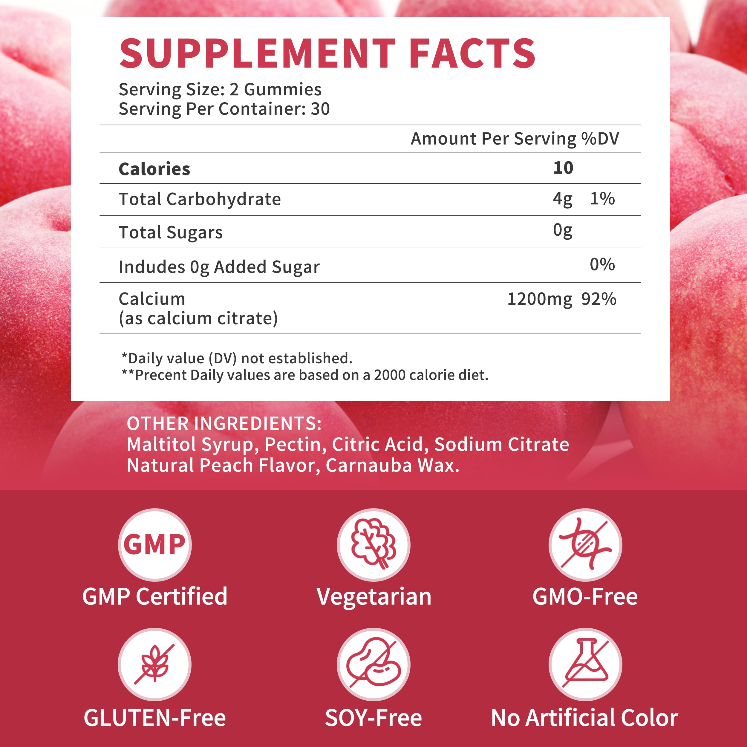 Nutrition label close-up featuring 1200 mg calcium citrate per serving.