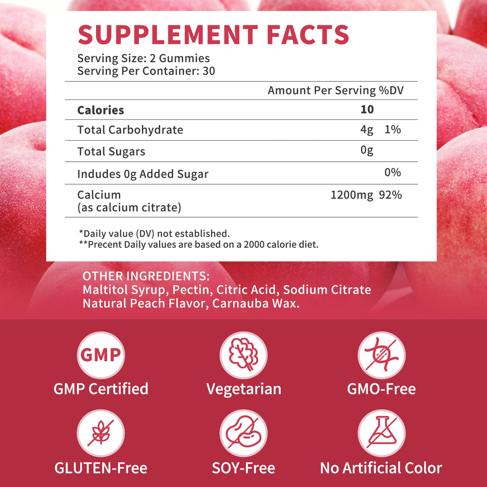 Nutrition label close-up featuring 1200 mg calcium citrate per serving.