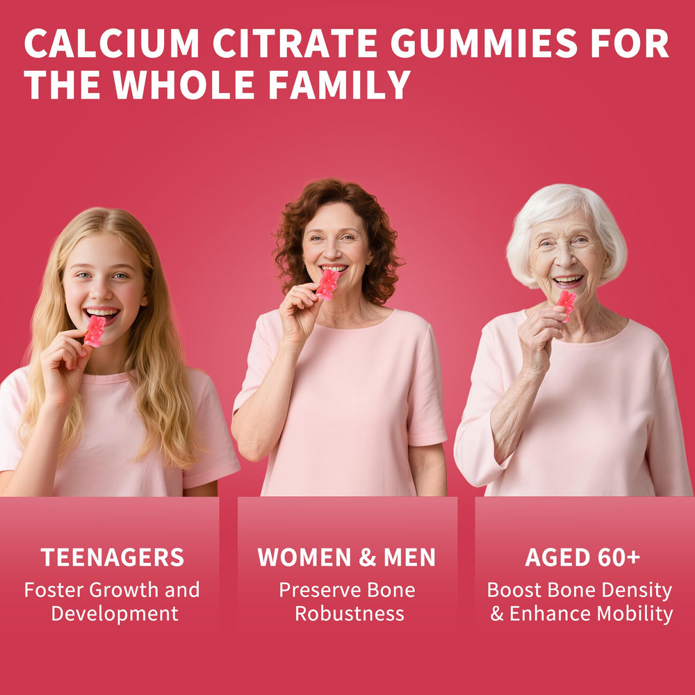 Two peach-flavored vegan gummies highlighted for daily calcium intake.