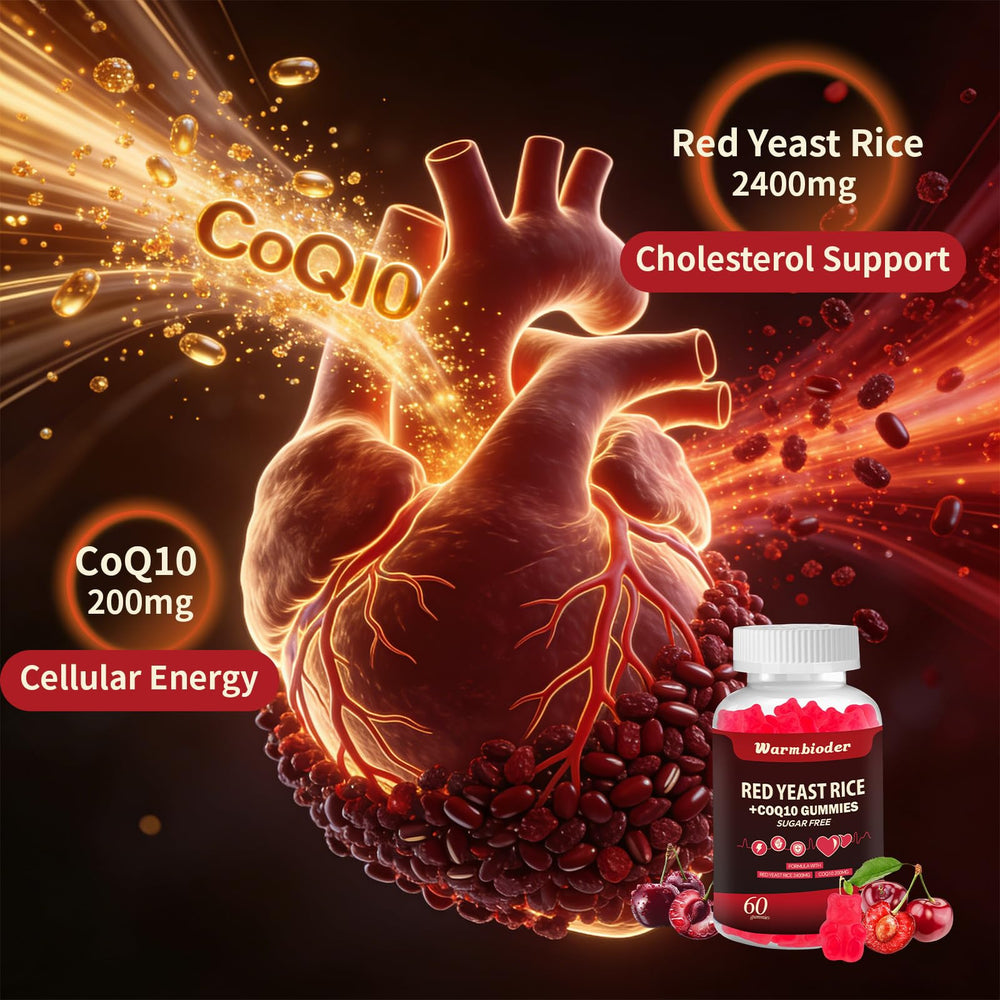 Close-up of Warmbioder CoQ10 cherry extract gummies showing flavor and ingredients