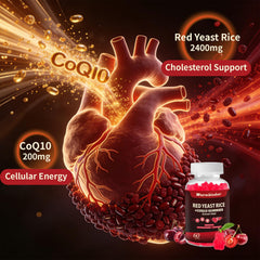 Close-up of Warmbioder CoQ10 cherry extract gummies showing flavor and ingredients