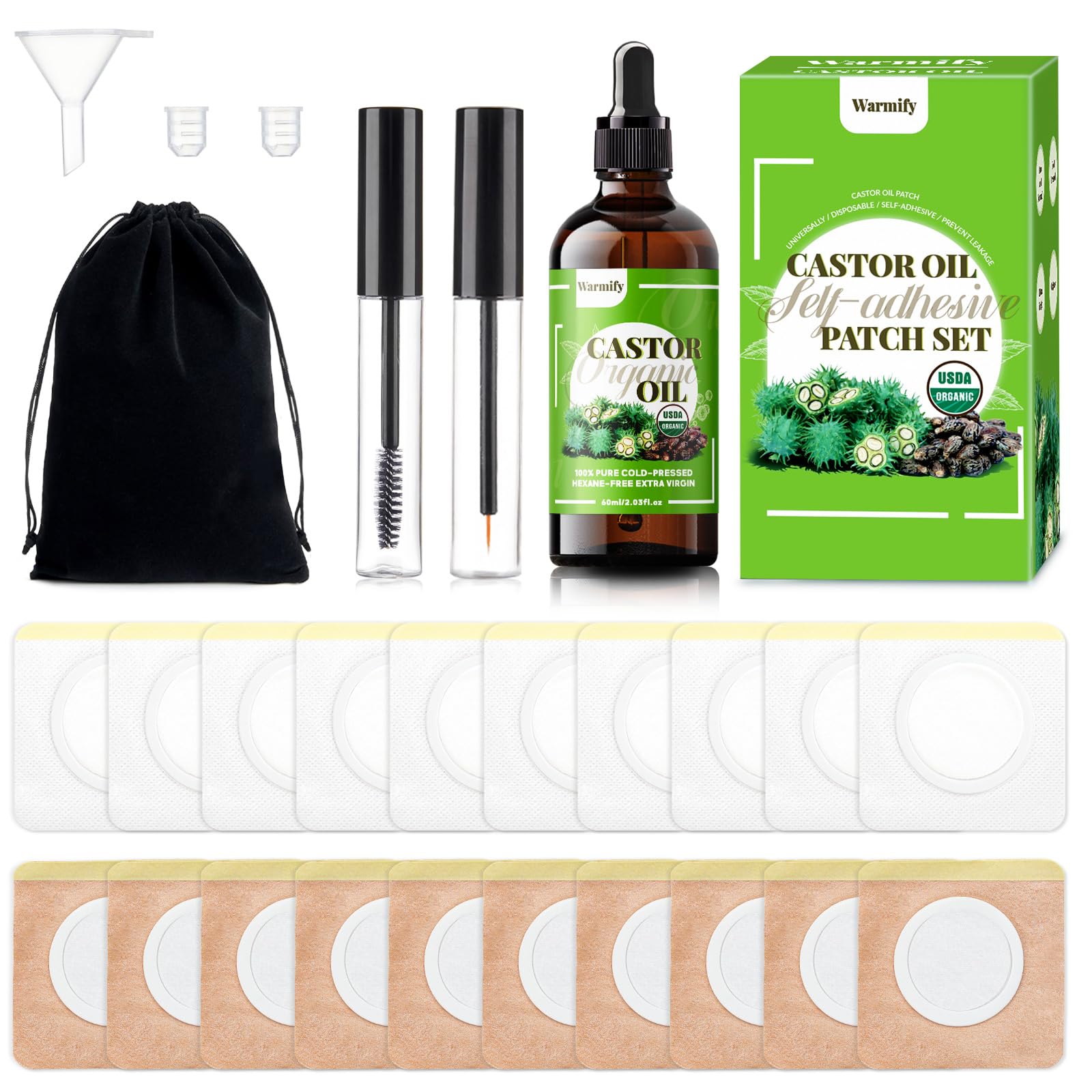 Warmify castor oil patches in a glass bottle for convenient at-home use.