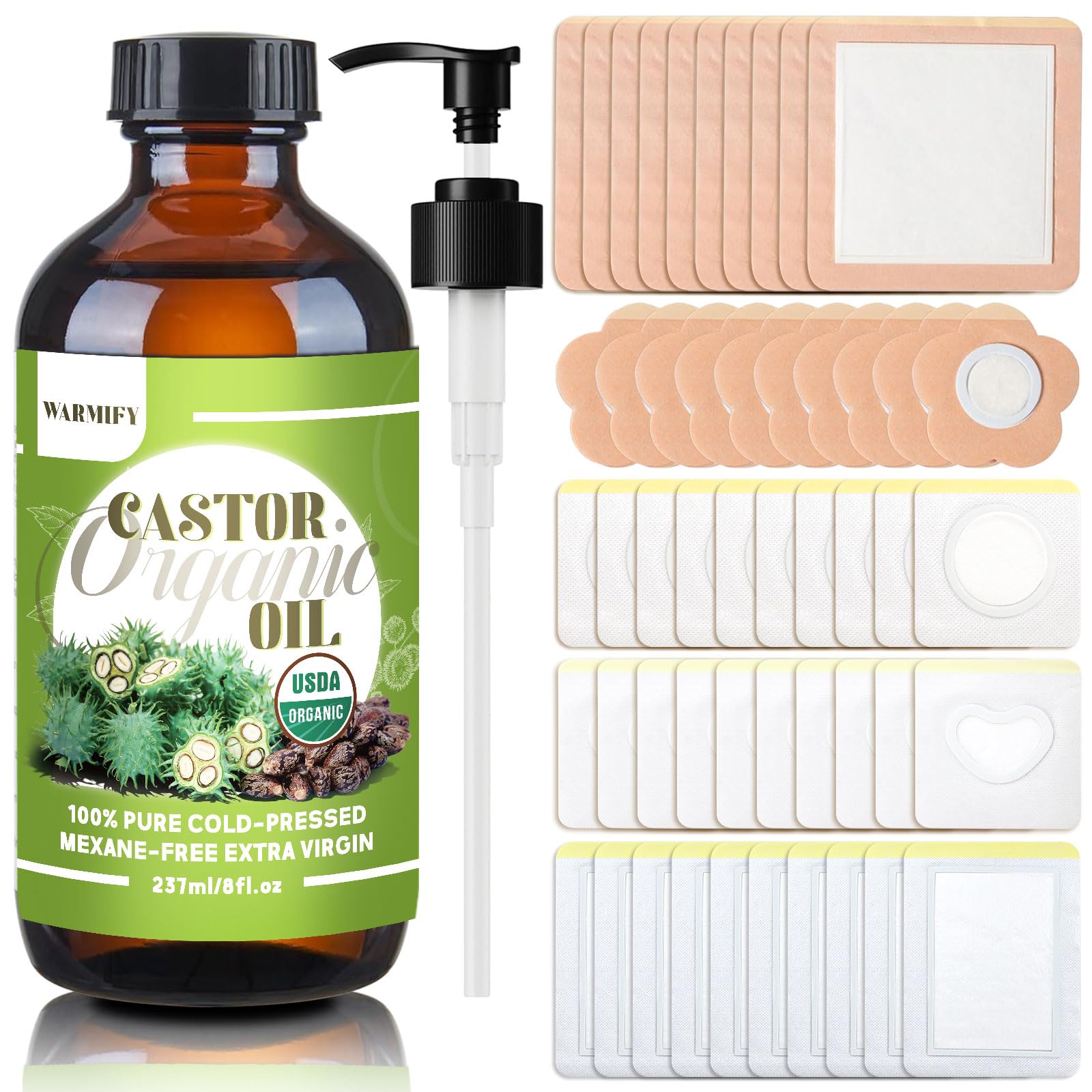Warmify castor oil patches bottle close-up showing organic oil for everyday use