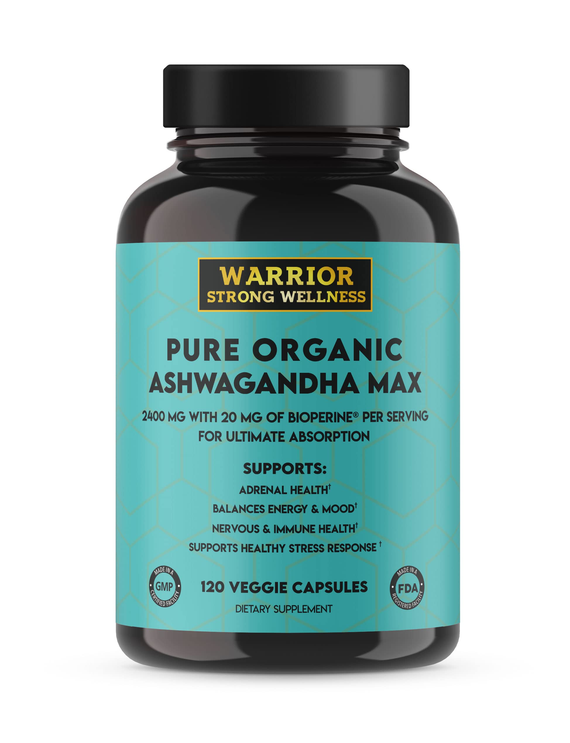 Warrior Strong Wellness ashwagandha bottle front showing easy-to-take capsules for daily stress support.