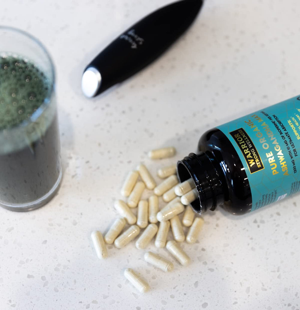 Warrior Strong Wellness product arrangement showing a convenient 120-capsule supply.