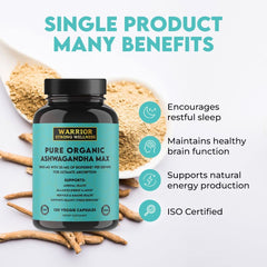 Warrior Strong Wellness organic label close-up indicating non-GMO sourcing and organic roots.