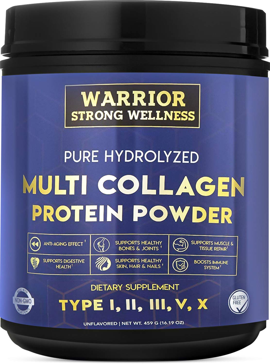 Warrior Strong Wellness pure hydrolyzed collagen powder bottle pour supports joint health and skin vitality.