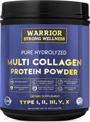Warrior Strong Wellness pure hydrolyzed collagen powder bottle pour supports joint health and skin vitality.