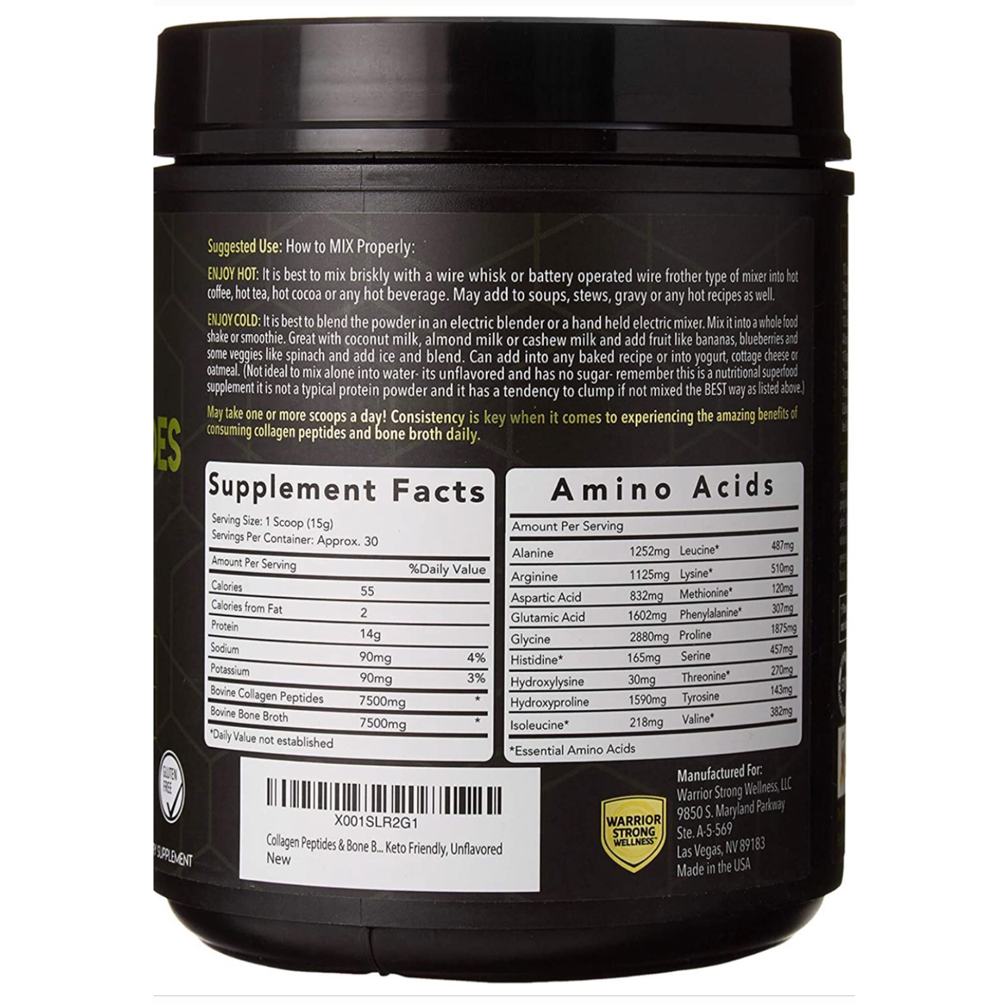 Warrior Strong Wellness unflavored collagen bone broth powder added to coffee for smooth integration