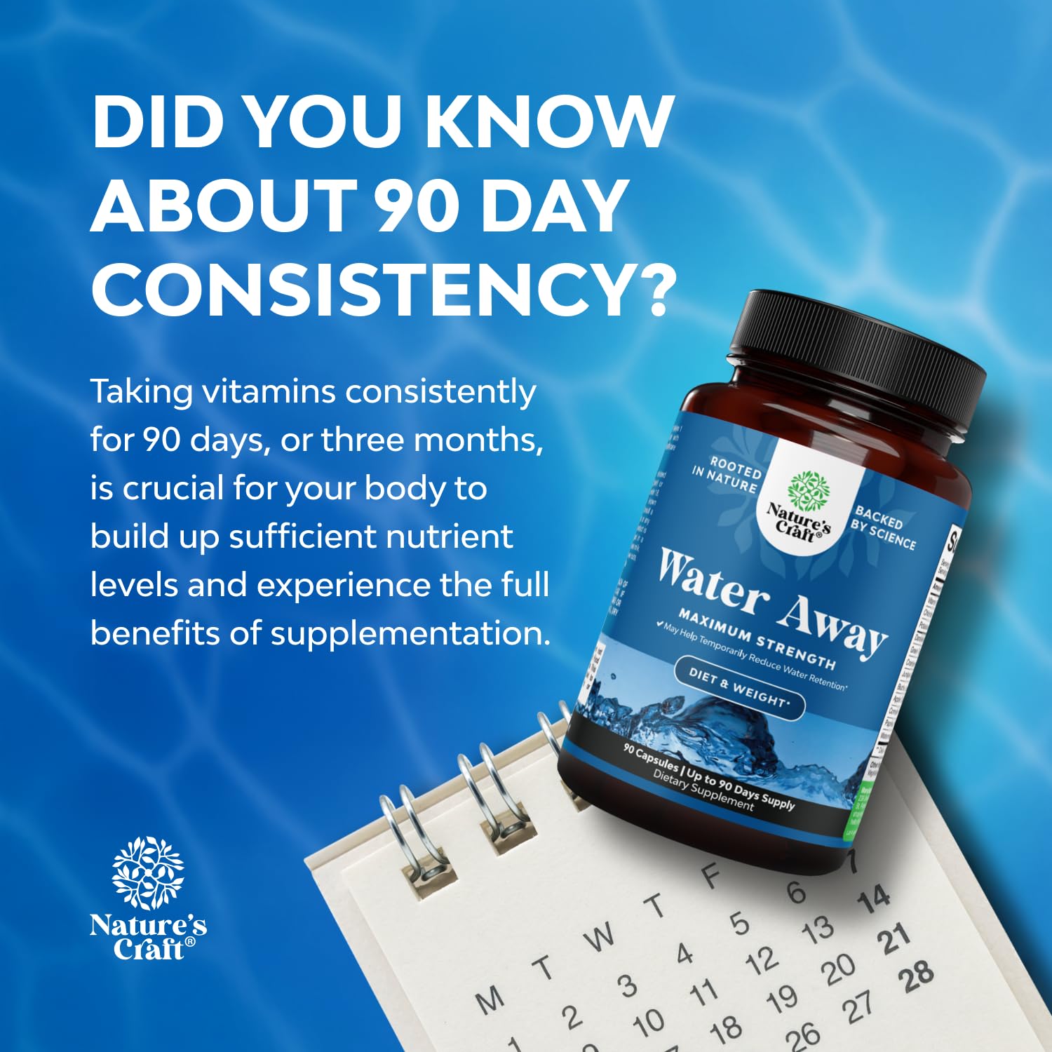 Water Away 90-count packaging highlights convenient daily capsules for ongoing use.