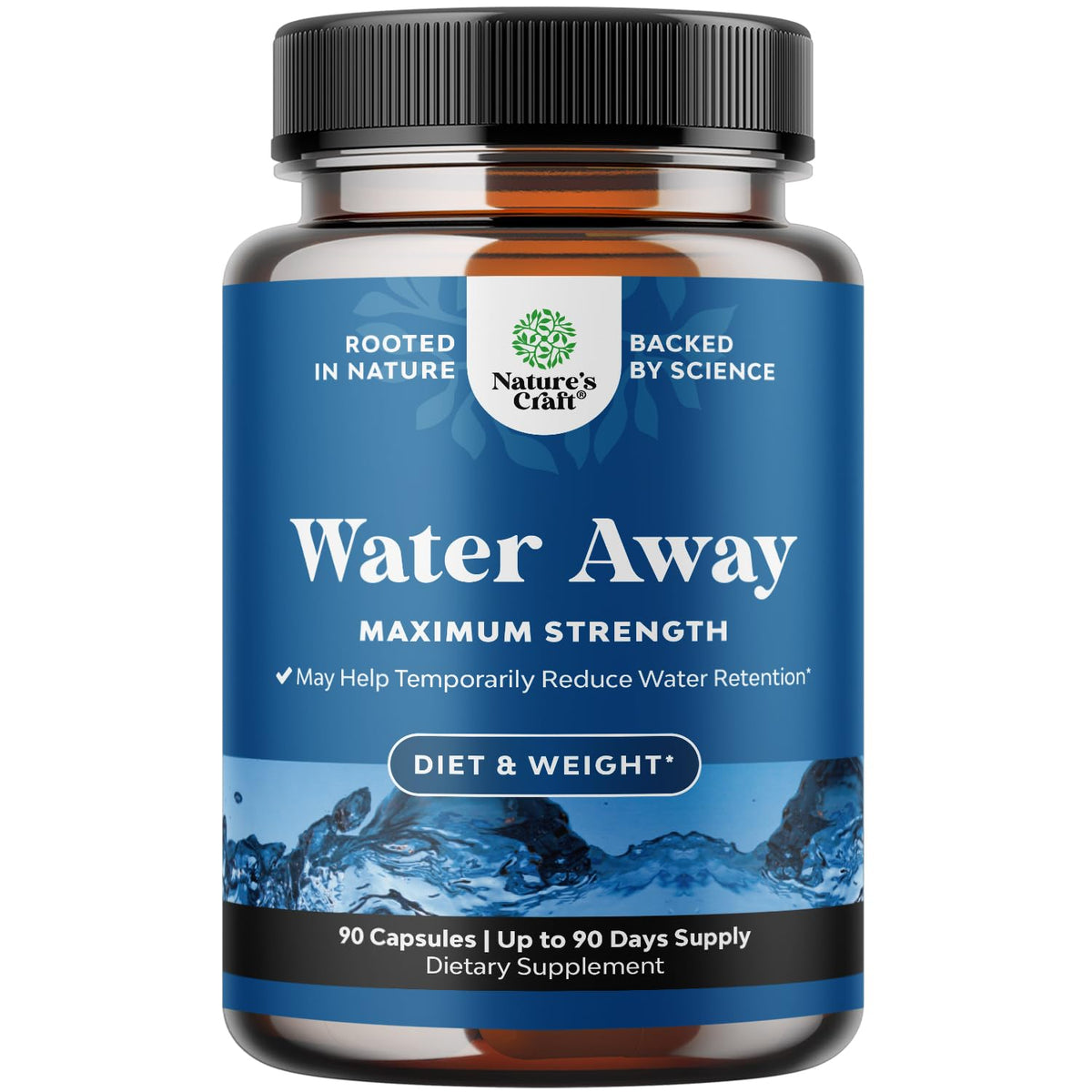 Water Away bottle with capsules showing fluid balance support and bloating relief for everyday comfort.