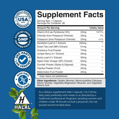Water Away dandelion leaf extract image highlights natural diuretic blend supporting leg comfort.