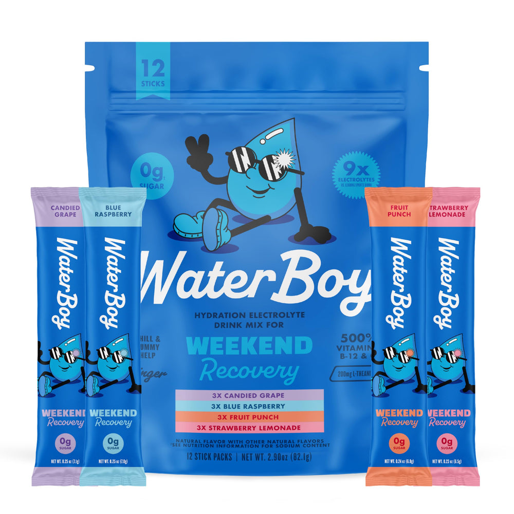 Waterboy Weekend Recovery sample pack front view for post-workout hydration.