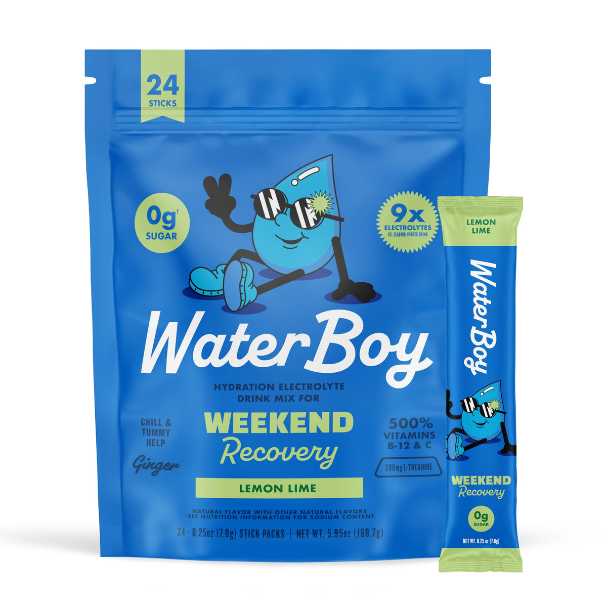 Waterboy Weekend Recovery lemon-lime stick for fast hydration after a night out.
