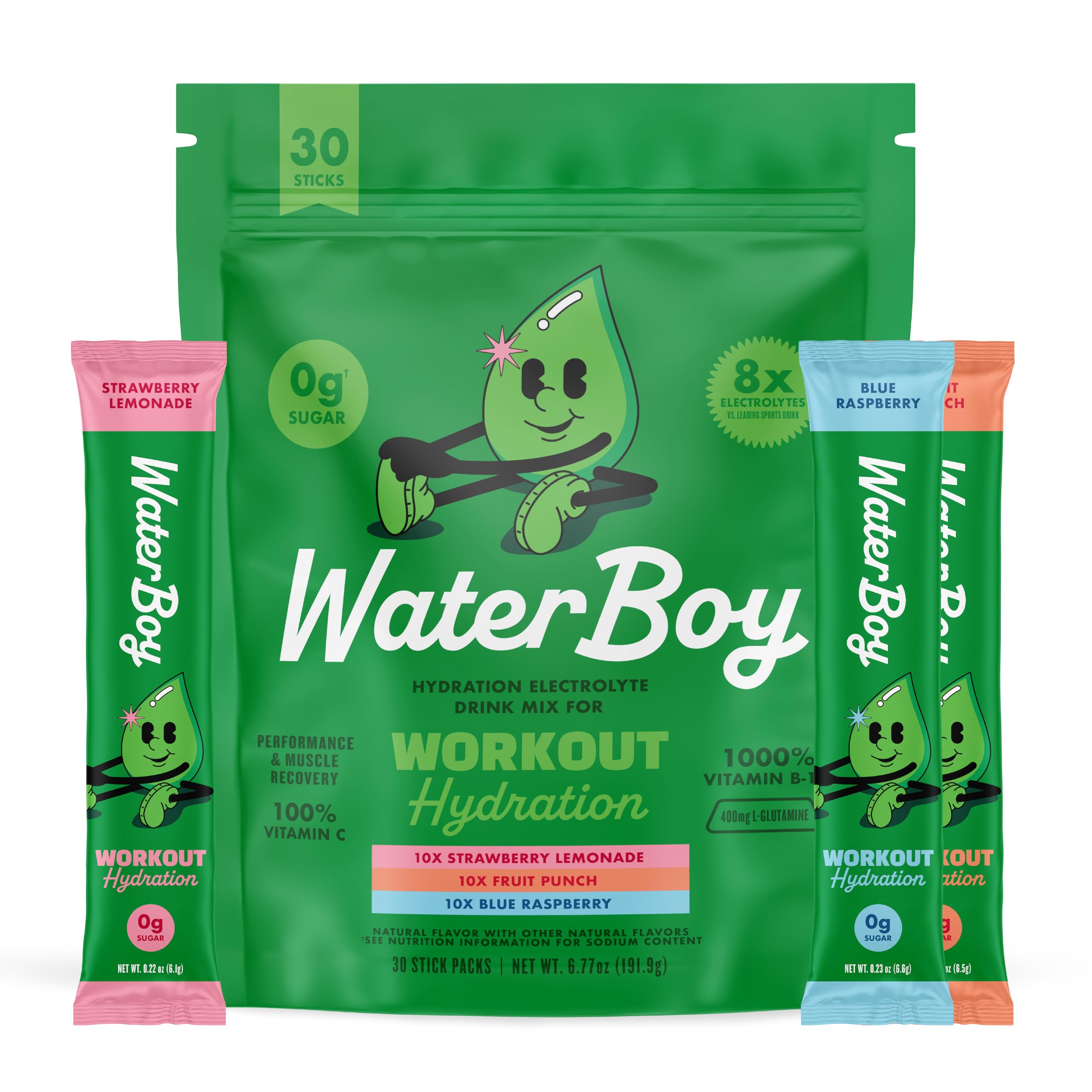 Waterboy Workout Hydration packet front shows high-electrolyte blend for daily workouts.