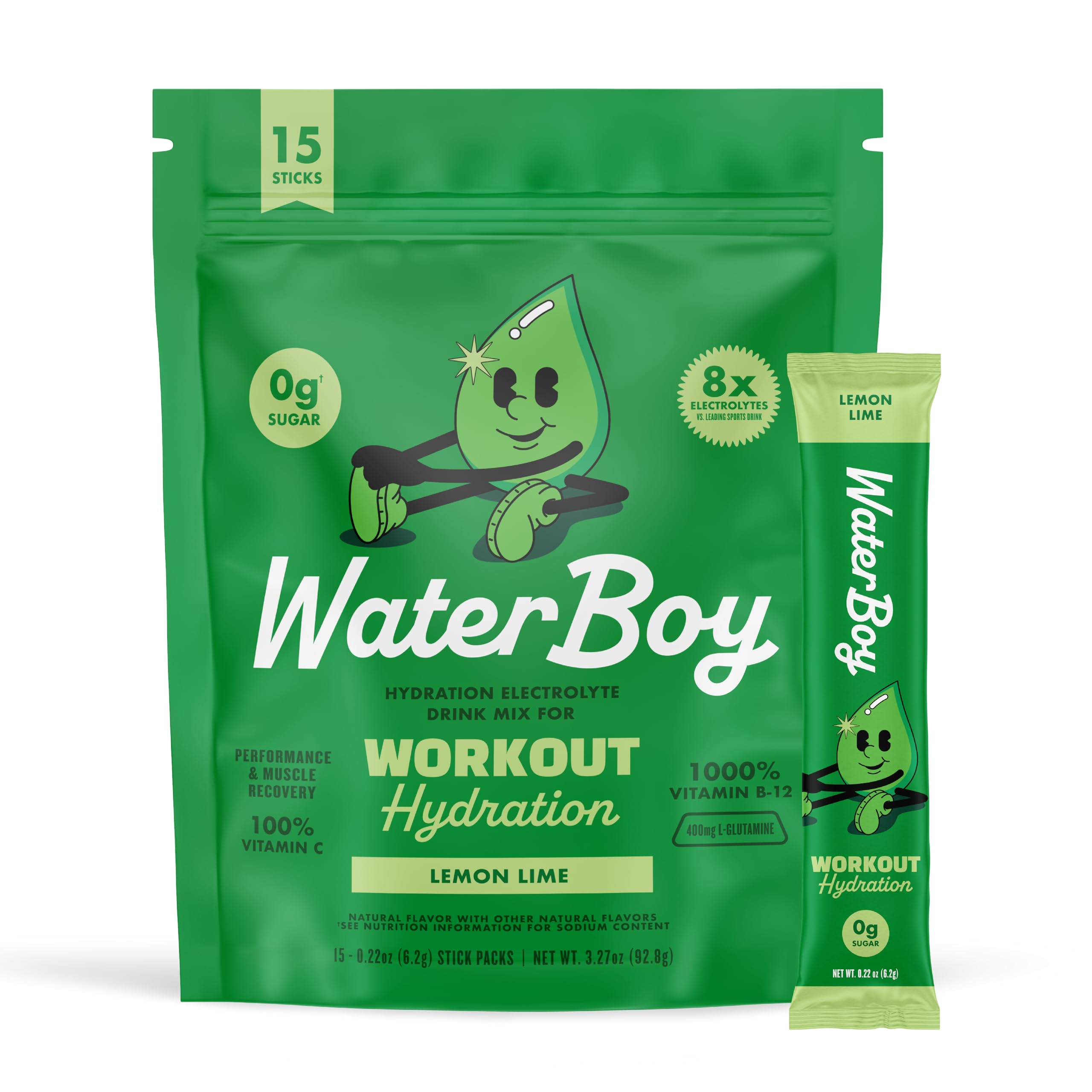 Waterboy Workout Hydration stick in Lemon Lime for balanced electrolytes during workouts.