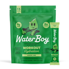 Waterboy Workout Hydration stick in Lemon Lime for balanced electrolytes during workouts.