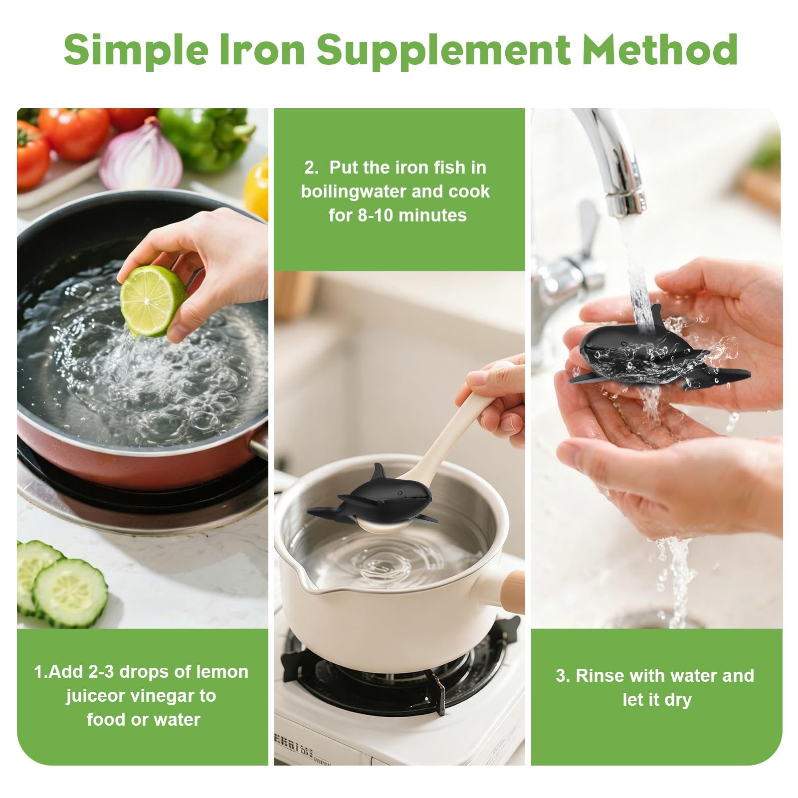 Watstion Killer Whale iron fish with acidic boil boosts iron availability in liquids.