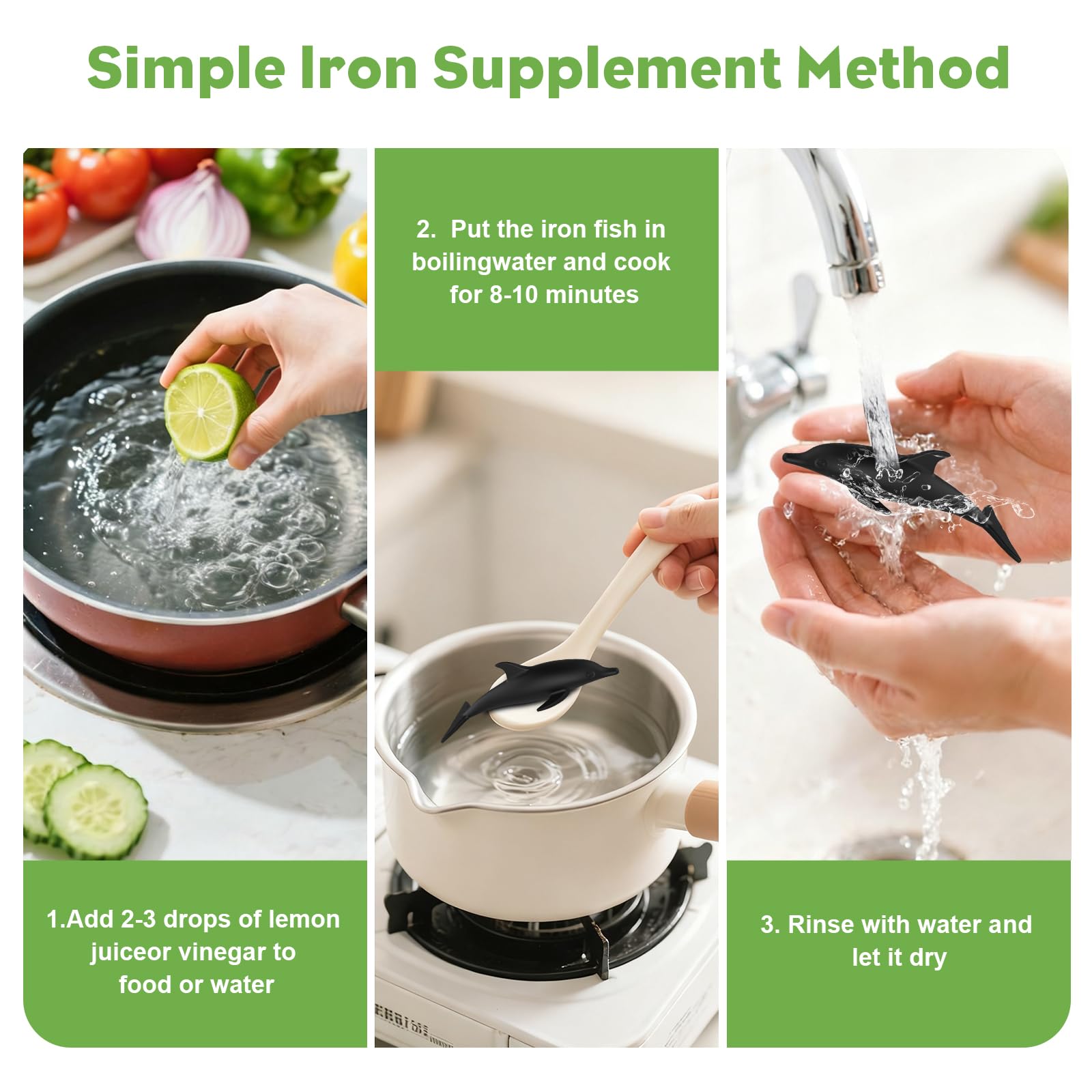 Watstion natural iron infusion demonstrated with lemon or vinegar during boiling
