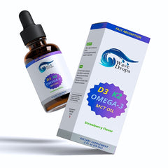 Wave Drops bottle pour of D3 K2 Omega-3 liquid for immune support
