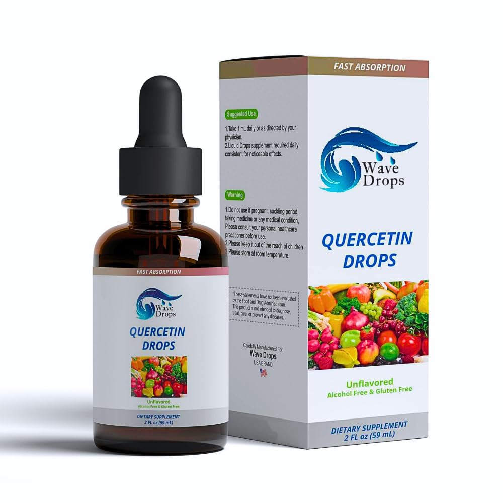 Wave Drops Quercetin liquid drops label closeup highlighting natural ingredients