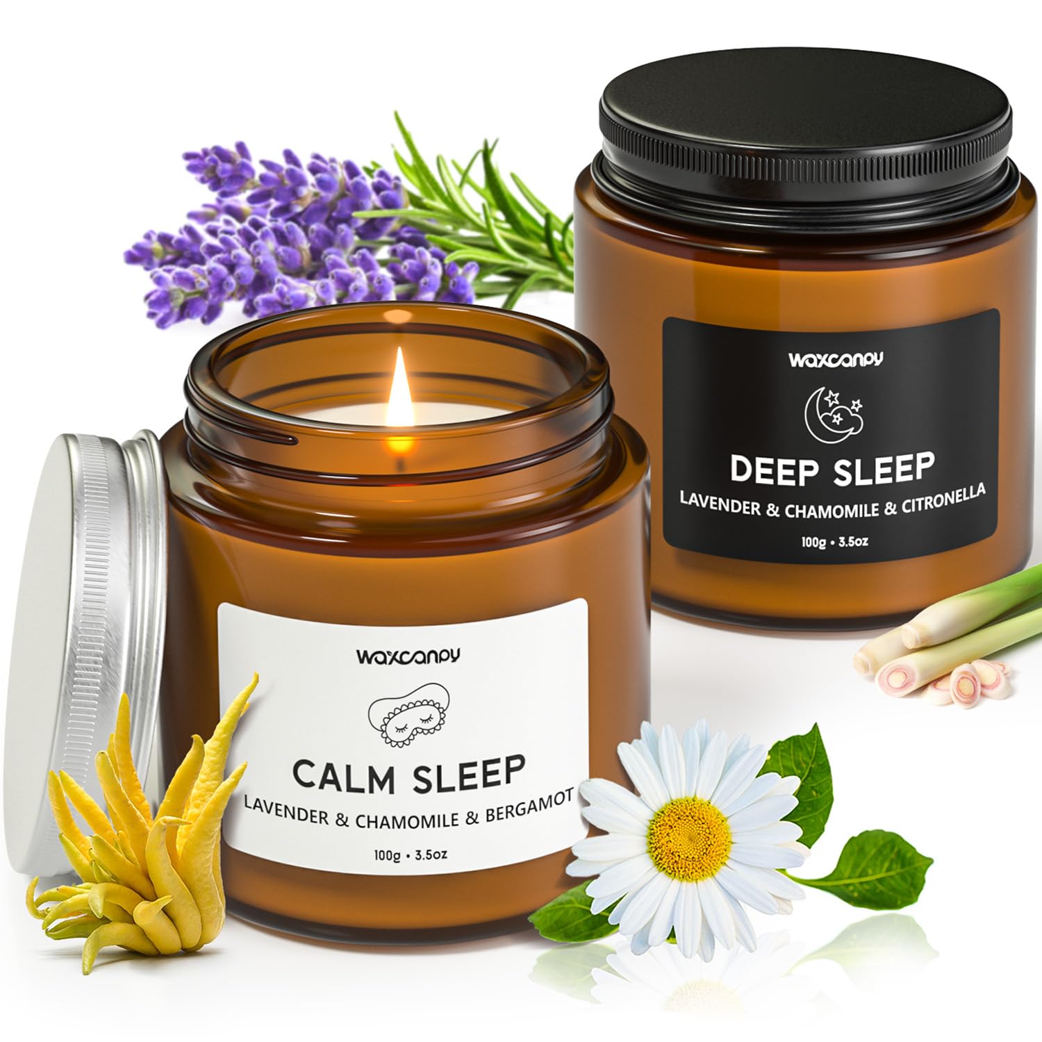 Waxcanpy Calm Sleep candle jar promotes a peaceful bedtime ritual with lavender and chamomile.