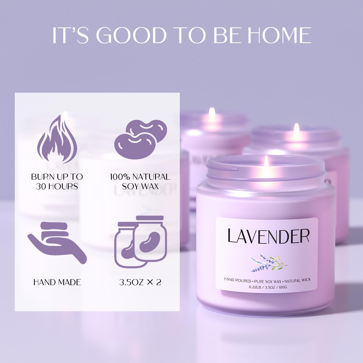 Waxcanpy lavender candle in a cozy bedroom setting with soft lighting.