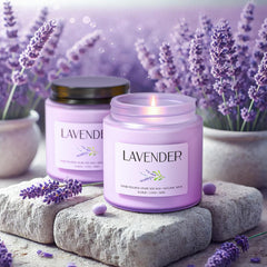 Close-up of Waxcanpy lavender candle highlighting soothing floral fragrance.