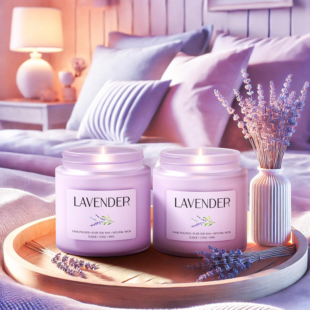 Waxcanpy lavender candle on a dining table creating a warm mood.