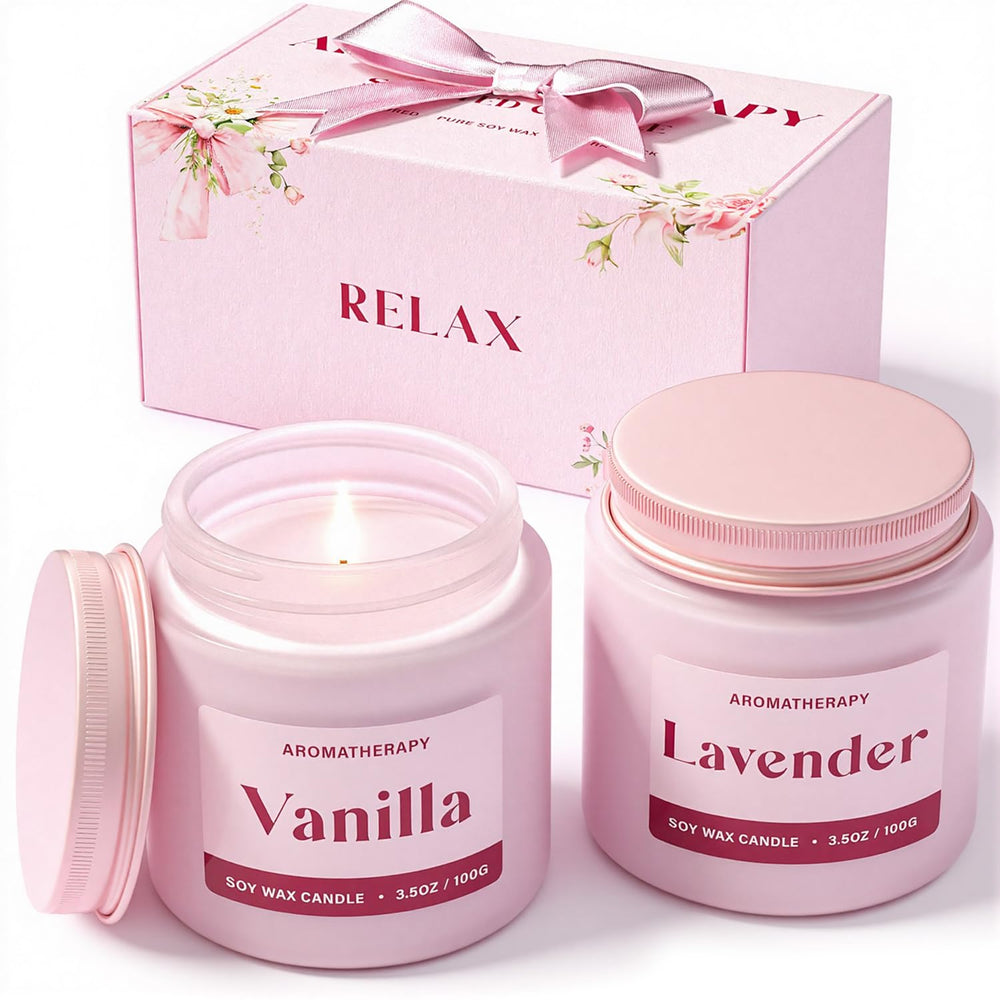 Waxcanpy lavender candle in pink jar for calming relaxation and cozy evenings.