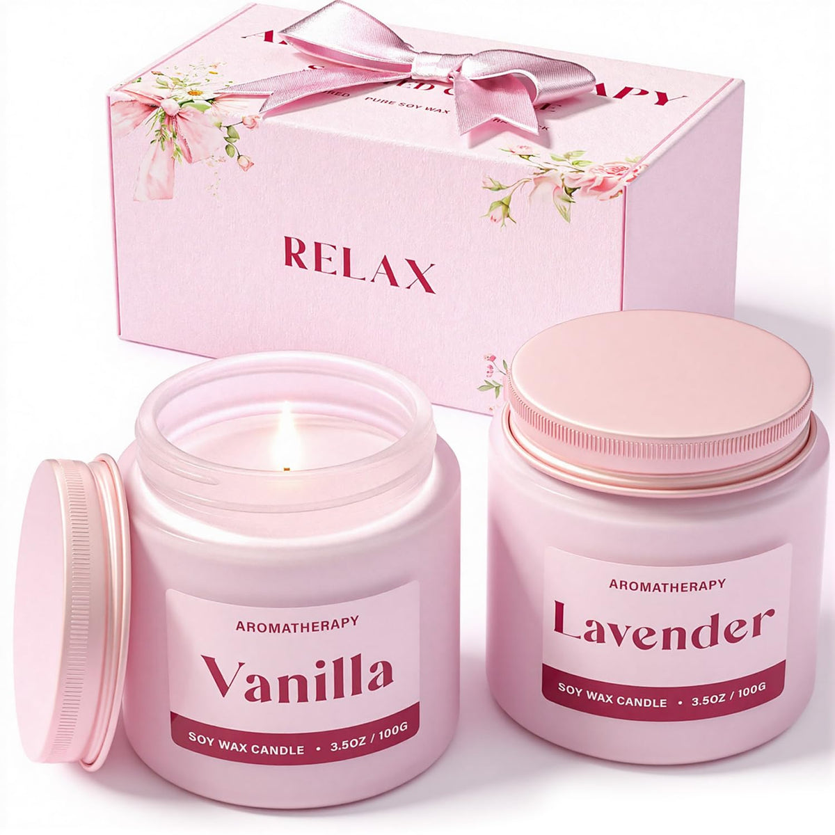 Waxcanpy lavender candle in pink jar for calming relaxation and cozy evenings.