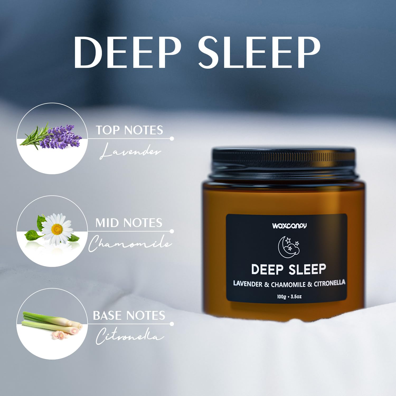 Waxcanpy Soy wax clean-burn candle jar highlights long-lasting fragrance and smoke-free burn.