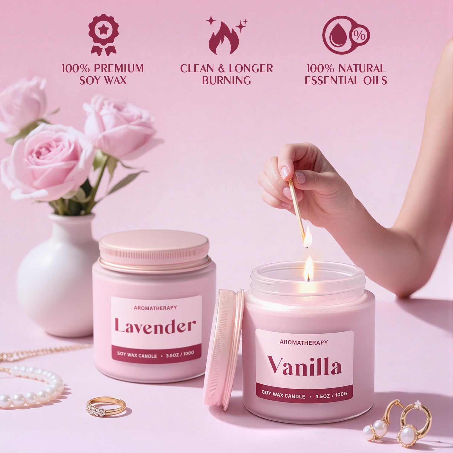 Waxcanpy two-scent set in pink jars for long, clean burn.