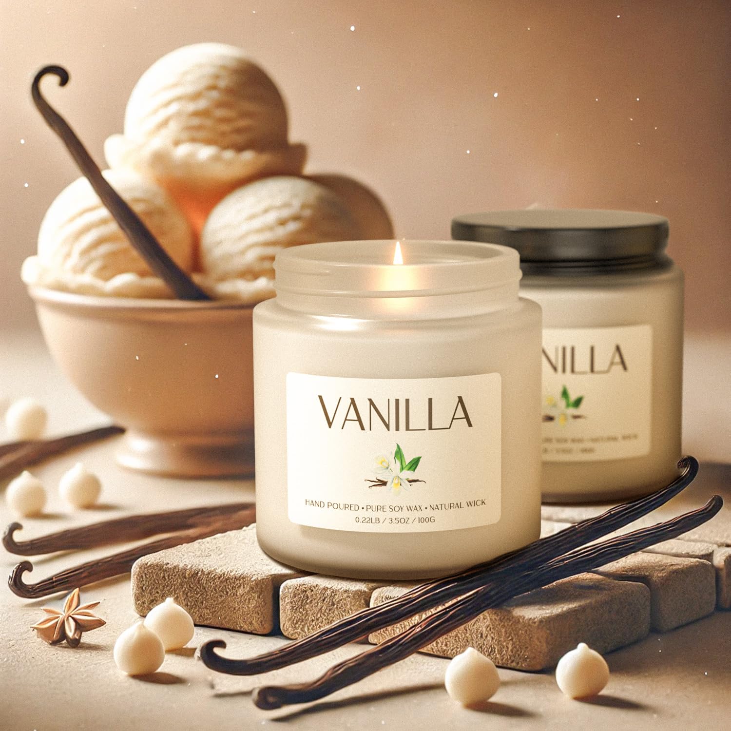 Waxcanpy Vanilla Candle close-up shows smooth wax texture for clean burn ambiance.