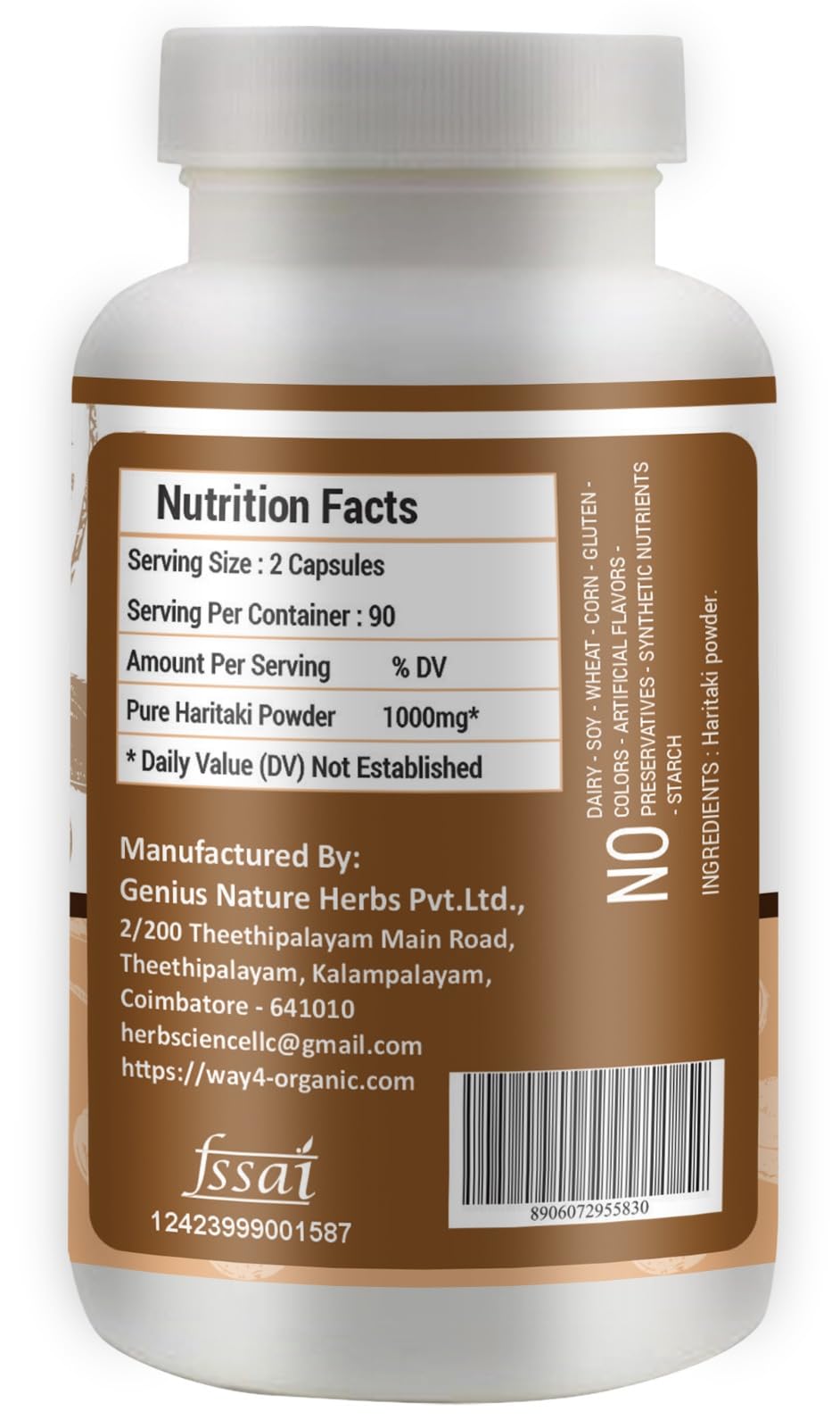 Way 4 Organic W4O Haritaki capsules label highlights gluten-free formulation.