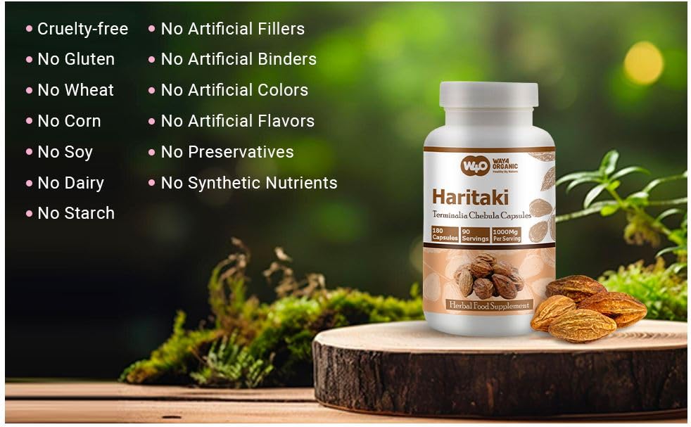 Way 4 Organic W4O Haritaki capsules on counter for quick access.
