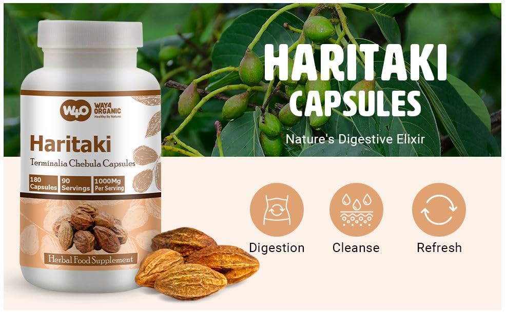 Way 4 Organic W4O Haritaki vegan capsules emphasize plant-based supplement.