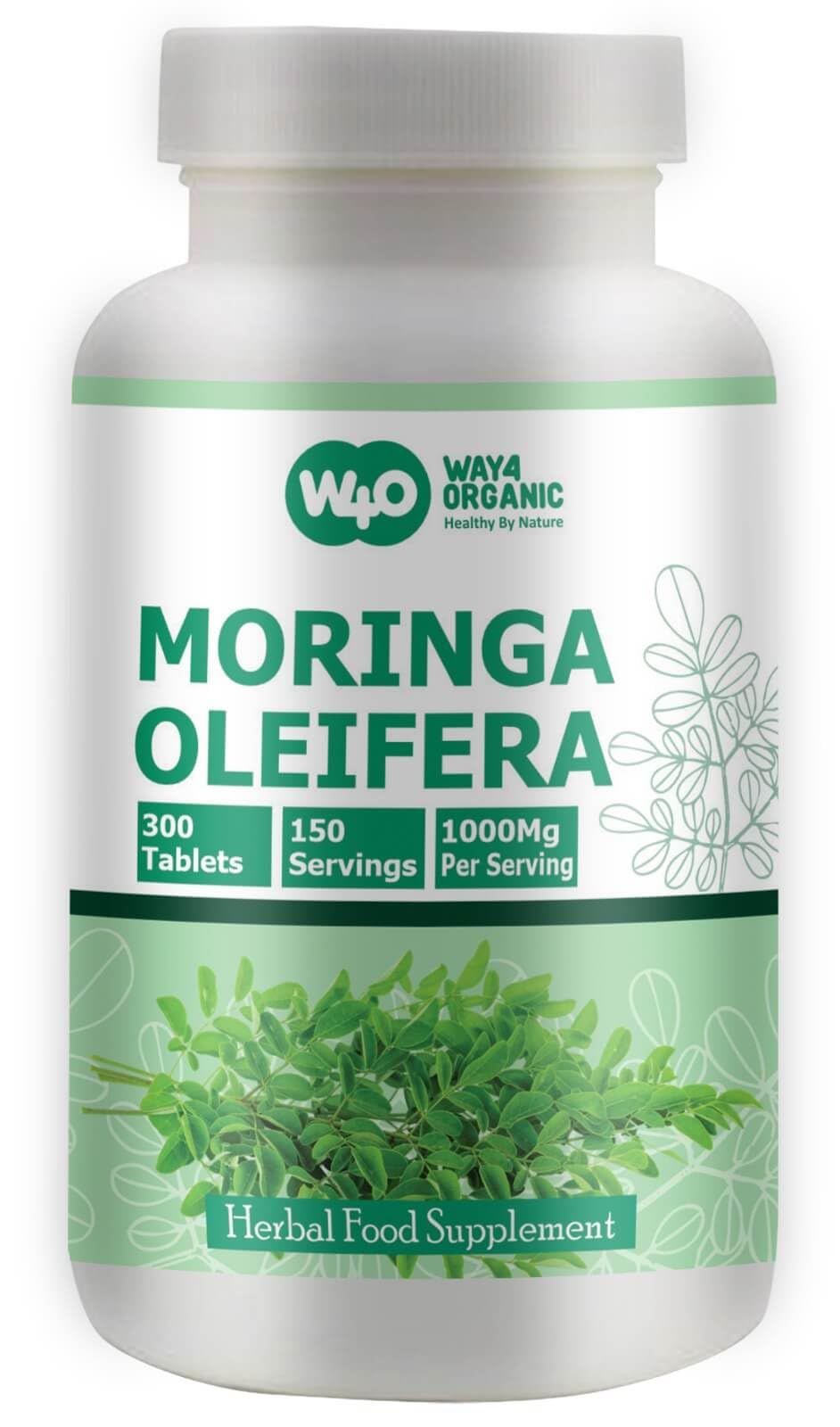 WAY 4 ORGANIC W4O moringa tablets bottle side view highlighting gluten-free formula.