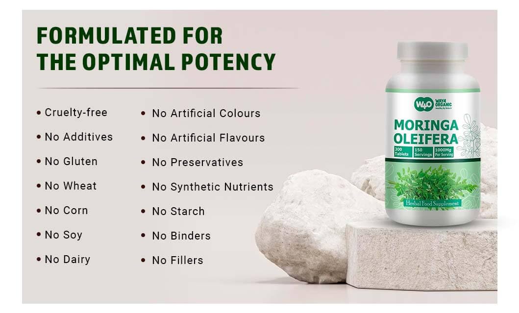 WAY 4 ORGANIC W4O moringa-tablets gluten-free symbol on packaging.