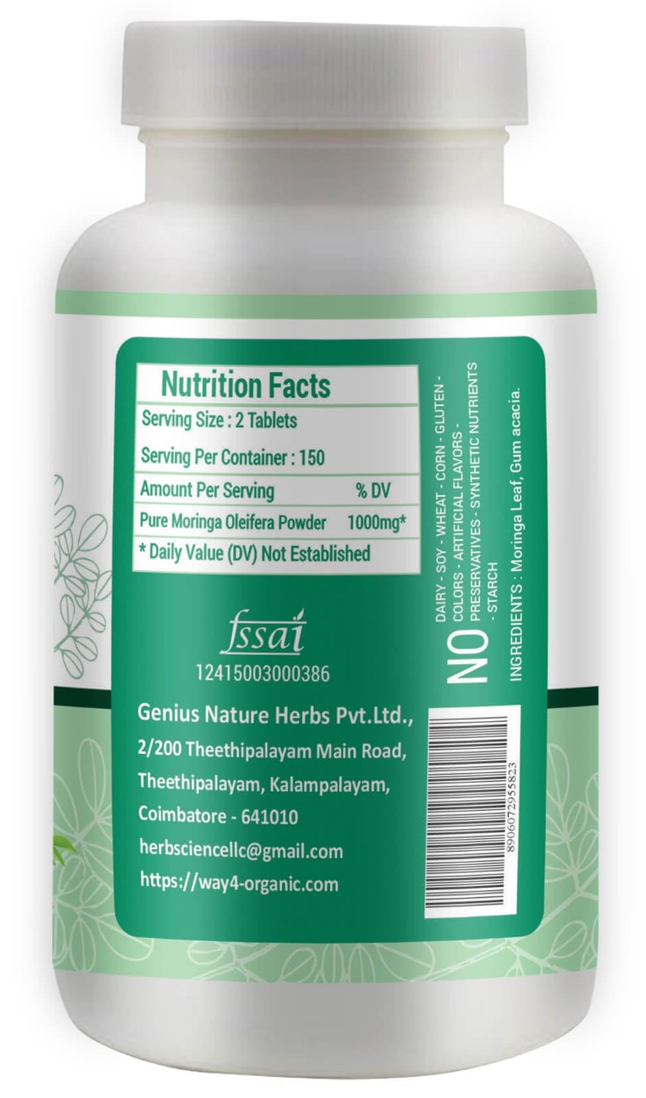 WAY 4 ORGANIC W4O moringa-leaf powder tablets close-up label showing purity.